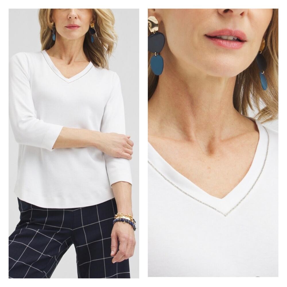 Chico's Women's Caviar Bead V-Neck Pima Cotton 3/4 Sleeve Tee White Size Small